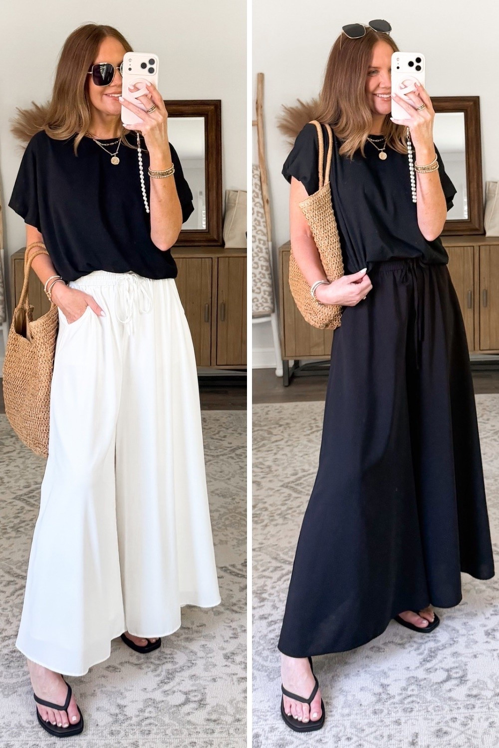 I love a pair of flowy wide leg pants and this pair is comfortable, elevated, fully lined and perfect for so many summer occasions🤌🏼 I wear a medium. And this bubble hem tee gives the effect of a perfect tuck and comes in tons of colors.

Date night outfit, graduation party guest outfit, shower outfit, wide leg pull on pants, effortless style over 40, timeless style, style at any age

#LTKOver40 #LTKSaleAlert #LTKTall