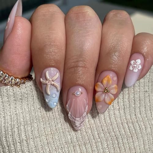 LPOODDNU 3D Embossed Flower Press on Nails - Almond Medium Fake Nails with Starfish&Pearl Designs, Glossy Finished Reusable False Nails with Adhesive Glue Tabs - 24Pcs Nail Kit for Women Manicure | Amazon (US)