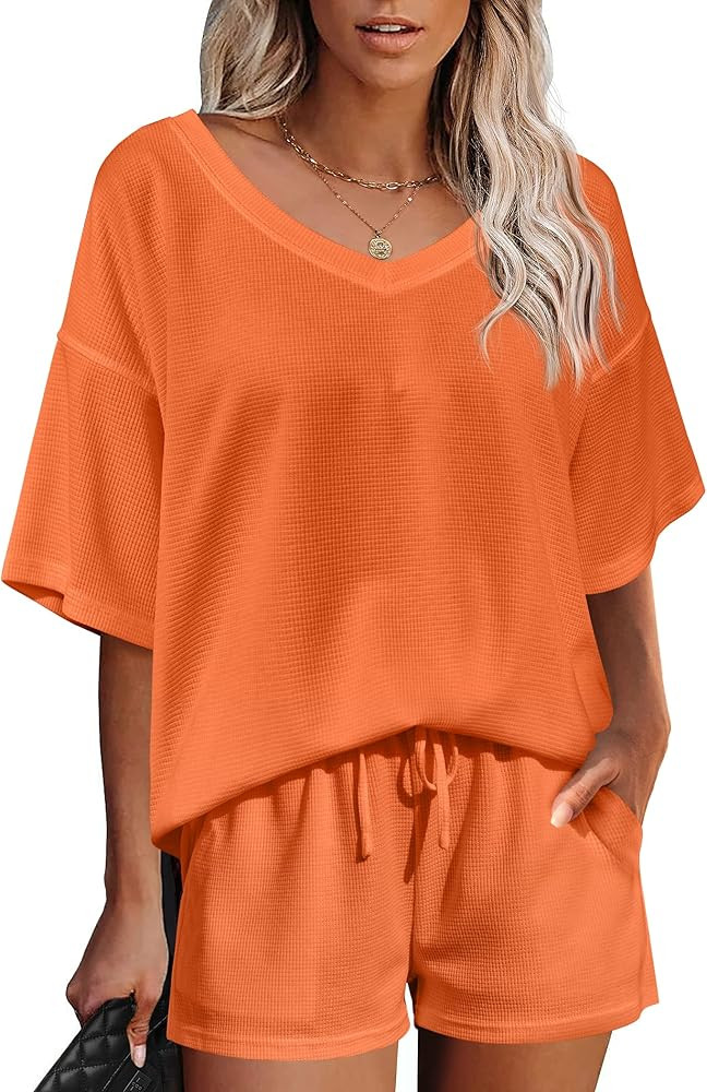 Ekouaer Womens 2 Piece Short Sleeve Waffle Knit V Neck Off Shoulder Casual Loose Fit Sweatsuit Ou... | Amazon (US)
