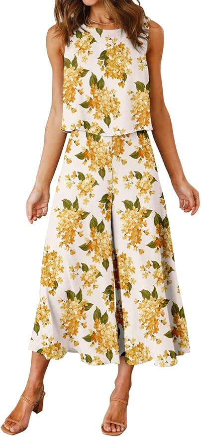 ROYLAMP Women's Summer 2 Piece Outfits Round Neck Crop Basic Top Cropped Wide Leg Pants Set Jumps... | Amazon (US)