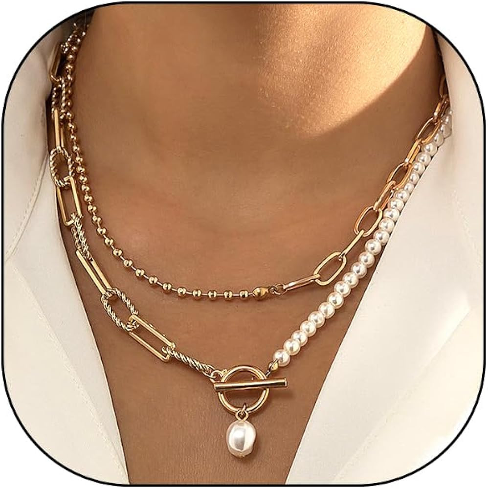 Layered Pearl Chain Toggle Necklace for Women,Baroque Pearl Pendant Beaded Paperclip Chain OT Cla... | Amazon (US)