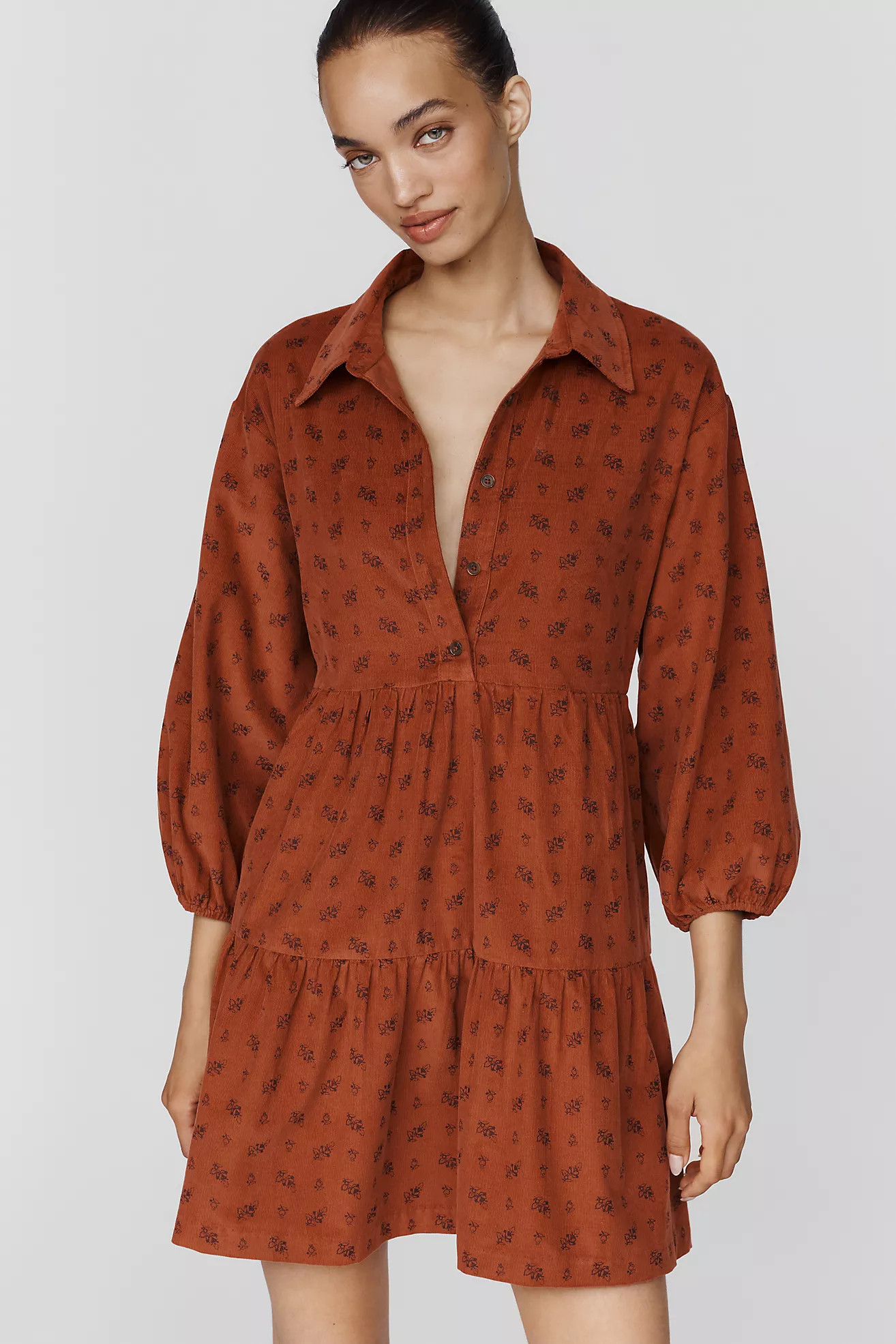 Maeve Bettina Corduroy Tiered Mini Shirtdress | Anthropologie (US)