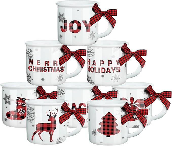 Sliner 8 Pcs Christmas Mini Coffee Mug with Ribbon Red Black Plaid Christmas Mini Drinking Mug Ce... | Amazon (US)