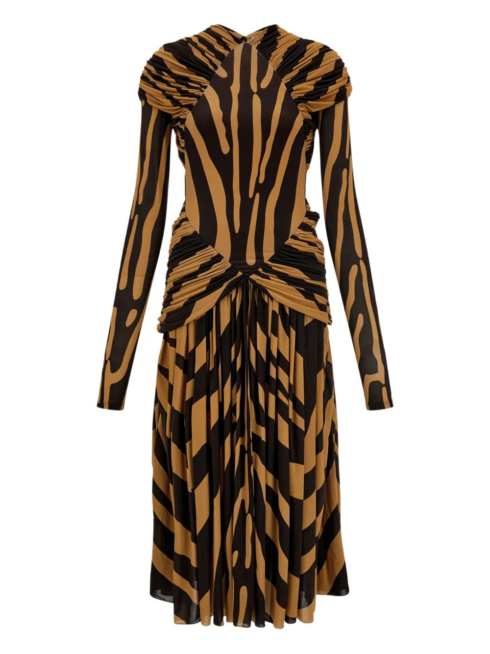 Ferragamo Ruched Zebra Jersey Midi Dress | Brown | FARFETCH UK | Farfetch Global