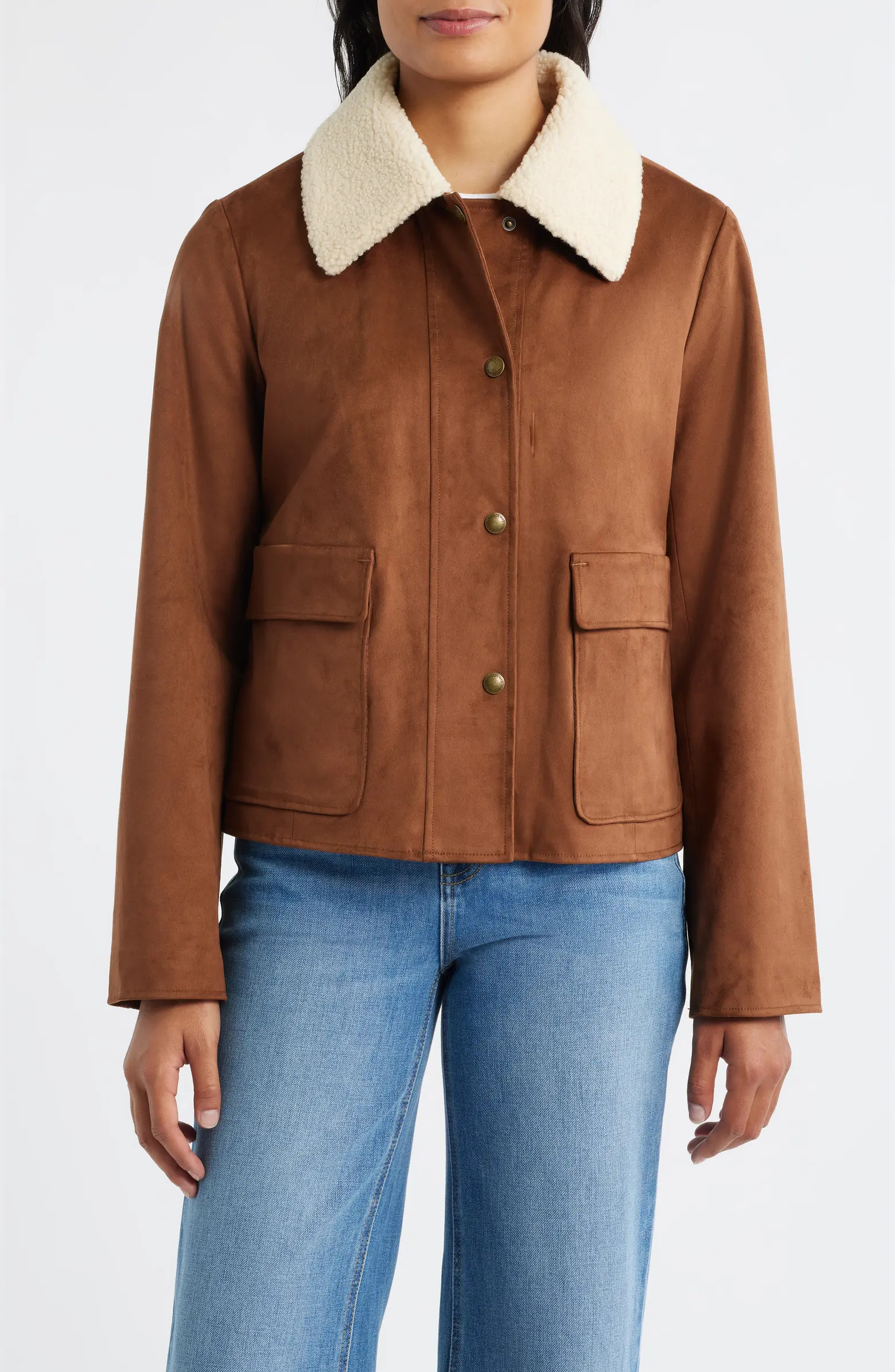Faux Leather Jacket with Faux Shearling Collar | Nordstrom