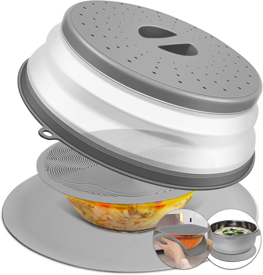 3 in 1, JesDiary Microwave Cover & Silicone Mat - Mat as Bowl Holders, Cover for Food Splatter Gu... | Amazon (US)