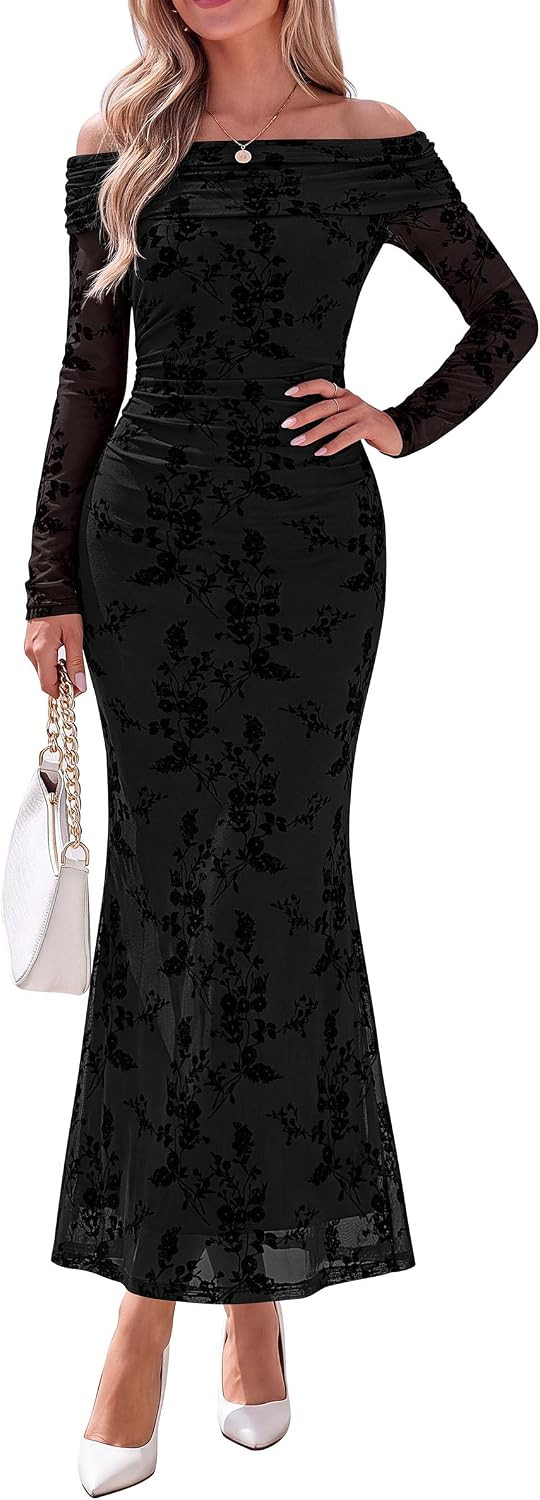 PRETTYGARDEN Womens Fall Off Shoulder Floral Maxi Wedding Guest Dress | Amazon (US)
