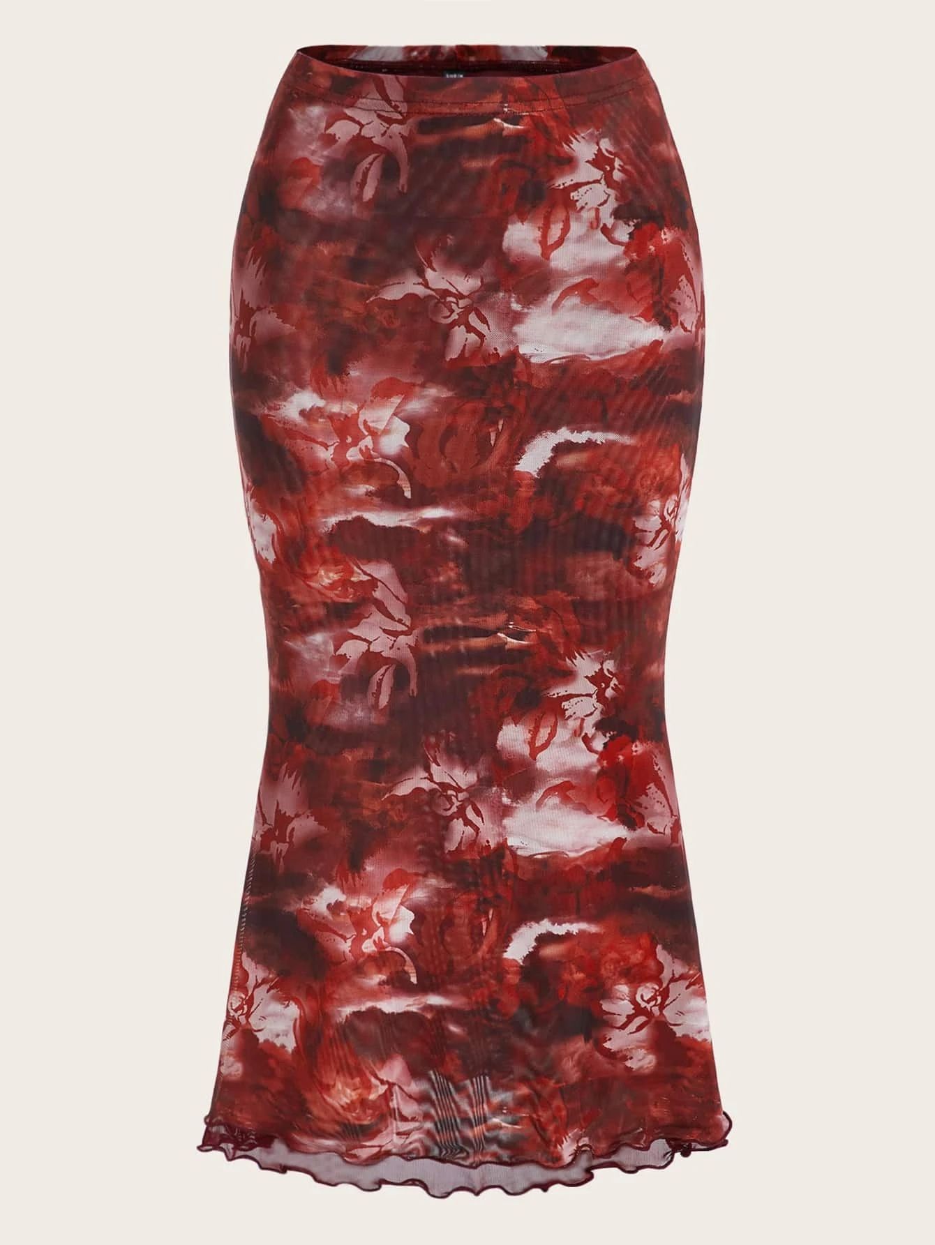 SHEIN ICON Tie Dye Print Lettuce Trim Mesh Skirt | SHEIN