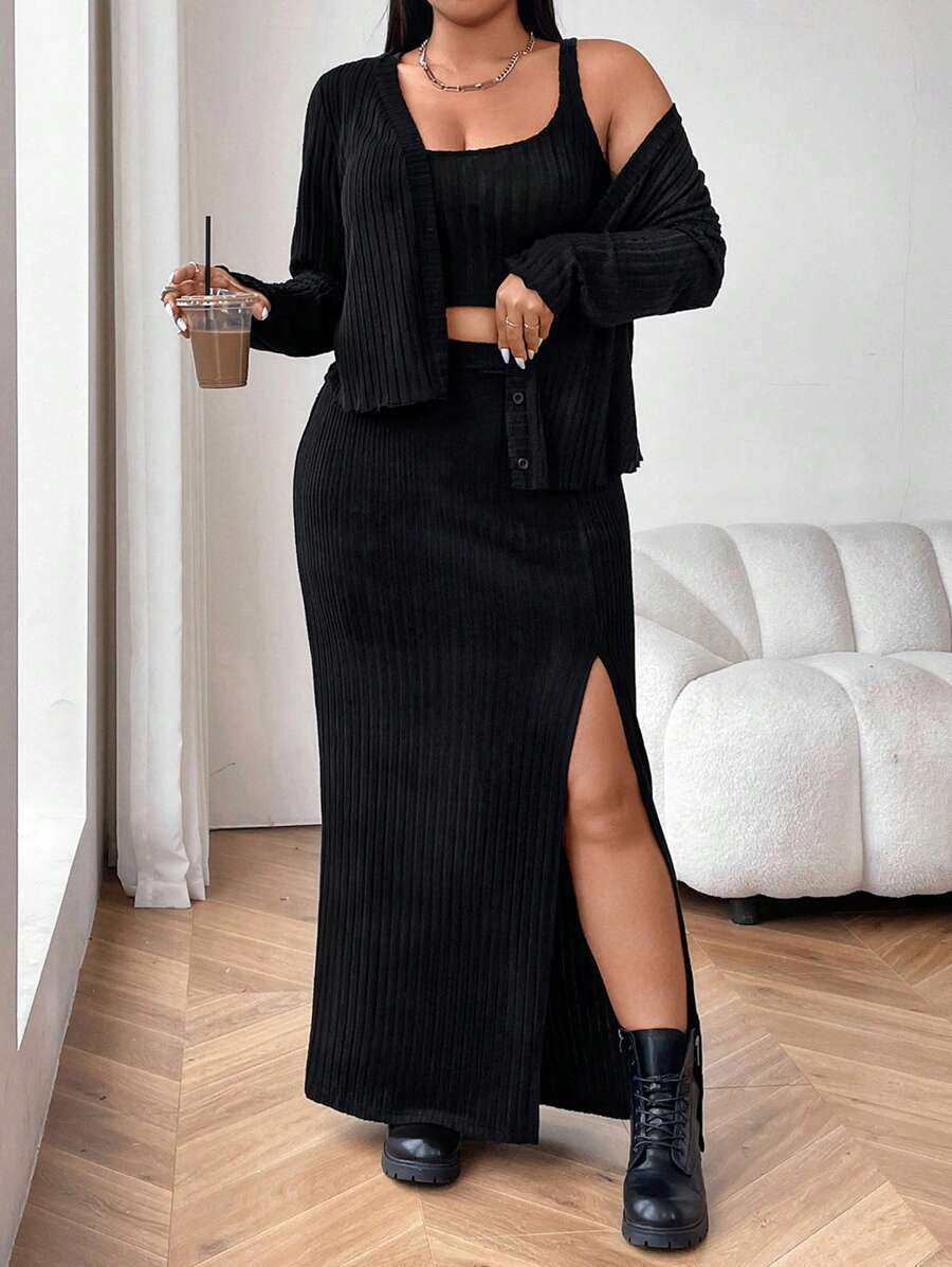 Flirla Plus Size Solid Color Striped 3pcs Set: Long Sleeve Cardigan, Camisole, And Slit Skirt | SHEIN