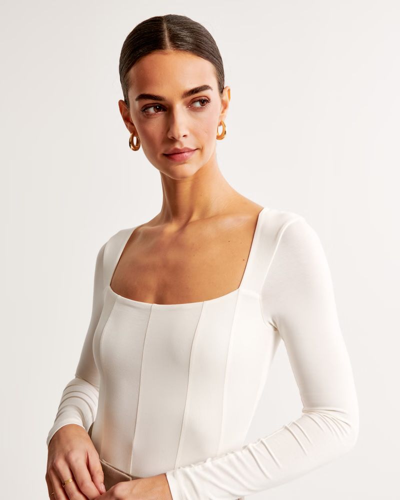 Women's Long-Sleeve Cotton-Modal Squareneck Corset Bodysuit | Women's New Arrivals | Abercrombie.... | Abercrombie & Fitch (US)