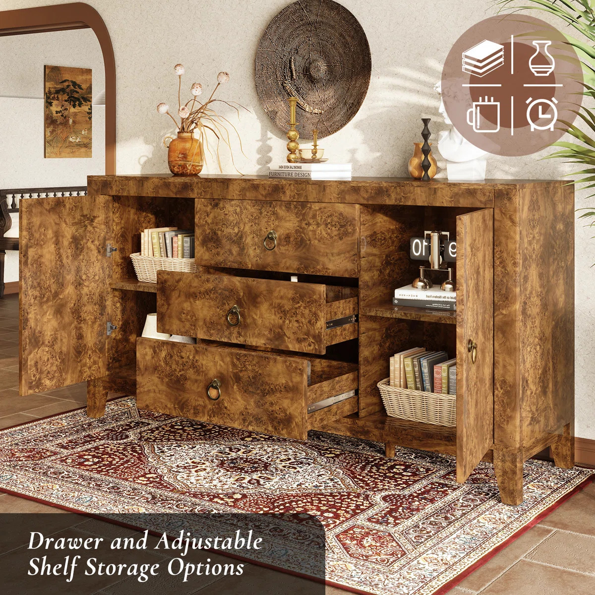 Dorne 60" Modern High Gloss Burl Sideboard with Adjustable Shelves, Brown | Wayfair North America