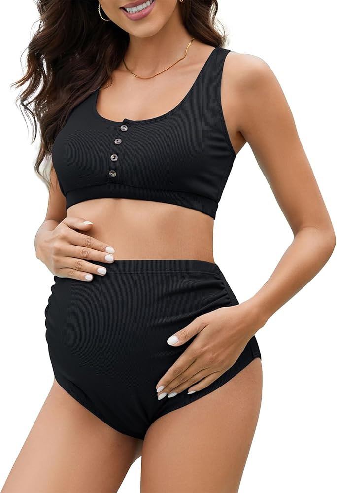 Zando High Waist Maternity Swimsuit Two Piece Pregnancy Swimwear Bikini Bathing Suits for Women M... | Amazon (US)