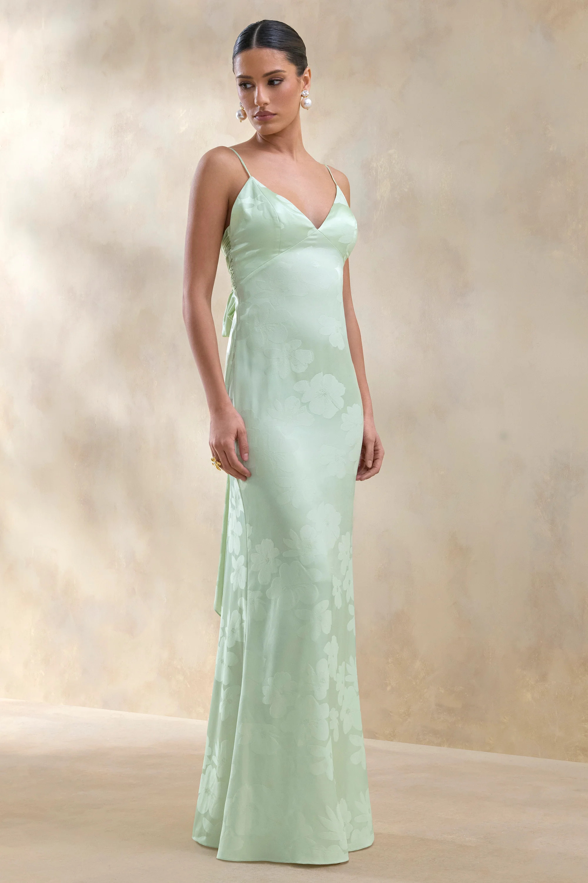 Carelle | Green Satin Plunge-Neck Maxi Dress With Asymmetric Drop-Waist | Club L London
