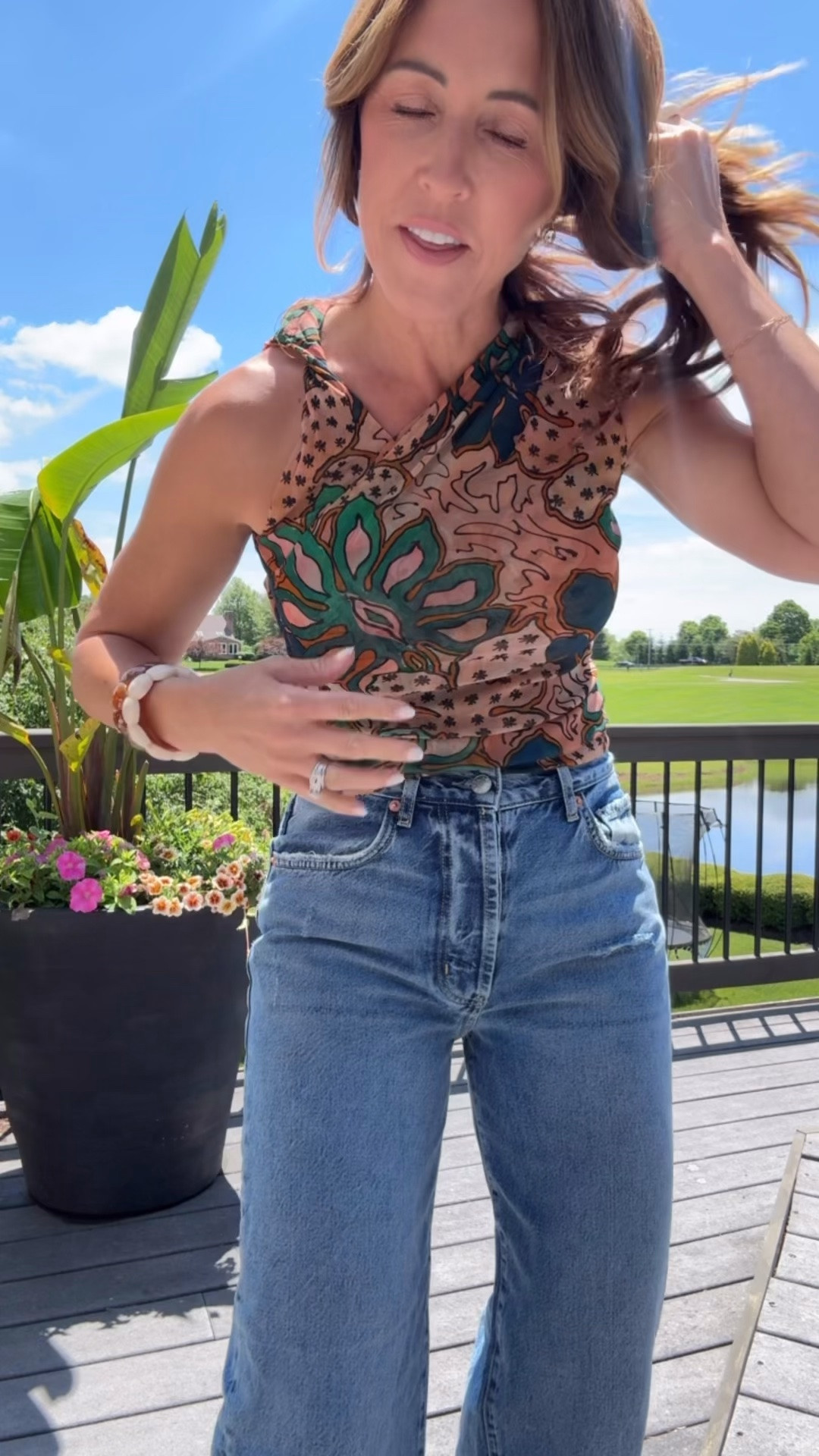 XS asymmetric top. A pretty gauze material. 
Jeans true 25 here

#LTKSeasonal #LTKOver40 #LTKSaleAlert
