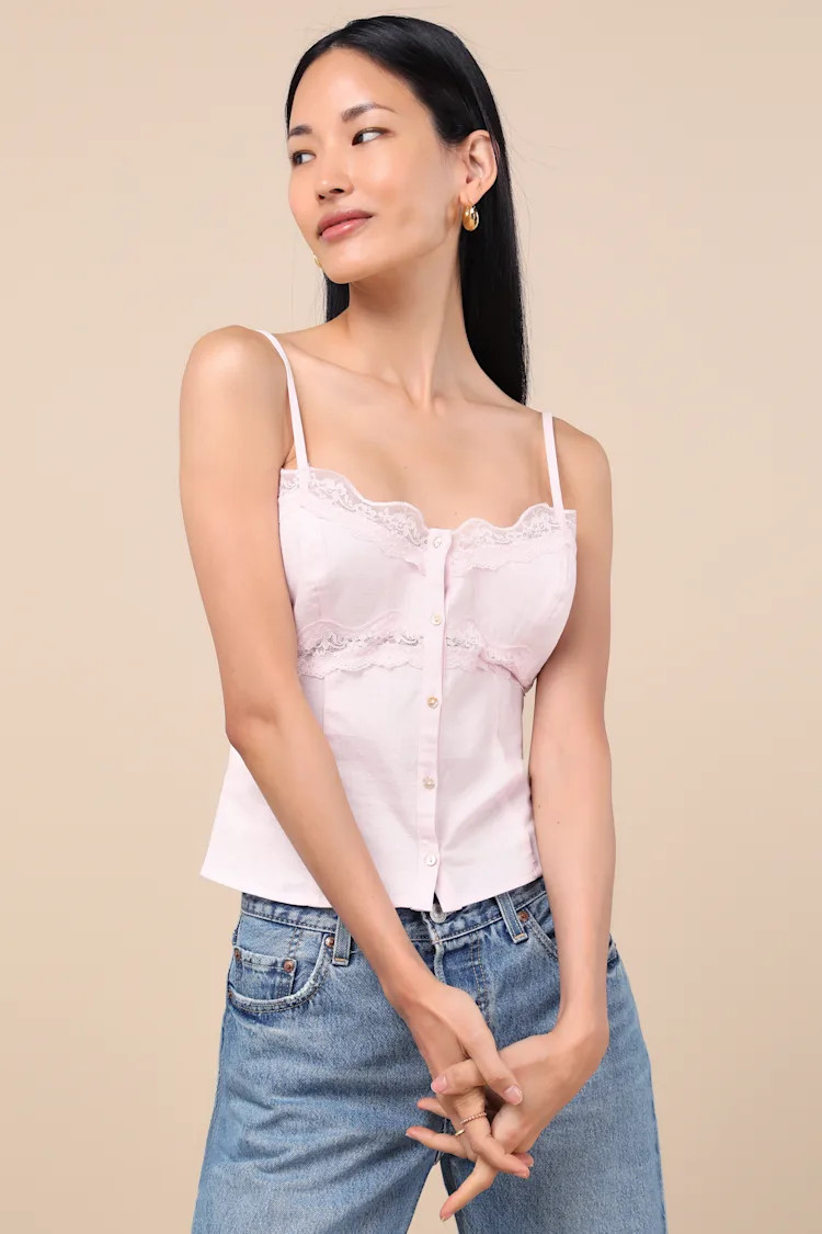 Erice Blush Pink Lace Button-Front Cami Top | Lulus