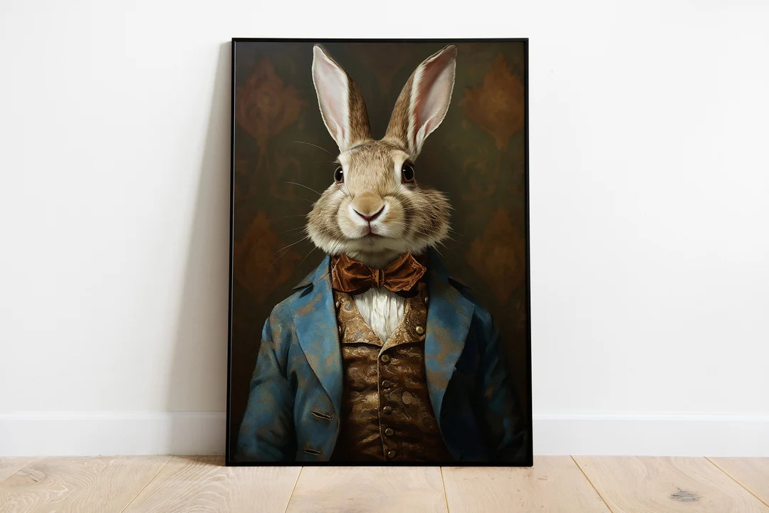 Rabbit Portrait Print, Renaissance Rabbit Oil Painting, Vintage Rabbit Wall Art, Animal Head Huma... | Etsy (US)