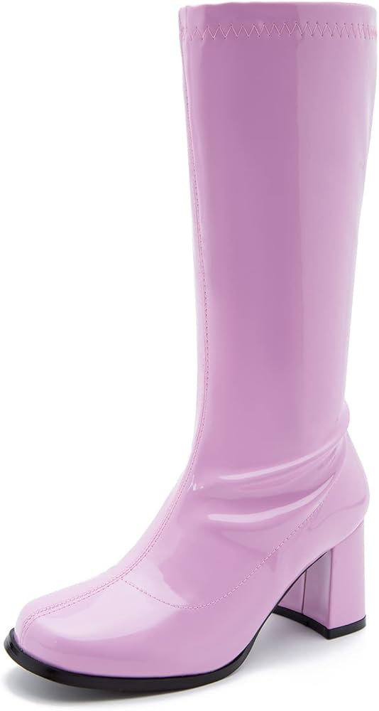 omthaka Women's Go-Go Boot Mid Calf Boots PU Leather Ladies Party Dance Shoes with Zipper | Amazon (US)