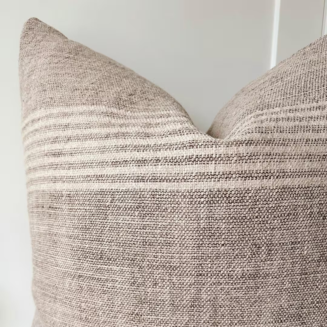100% Linen Striped Neutral Decor Pillow Cover | Natural Tan & Soft Charcoal Black Designer Pillow... | Etsy (US)