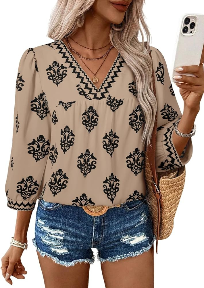 SHEWIN Women's Casual V Neck Floral Print Chiffon Blouses 3/4 Sleeve Boho Summer Tops Shirts | Amazon (US)