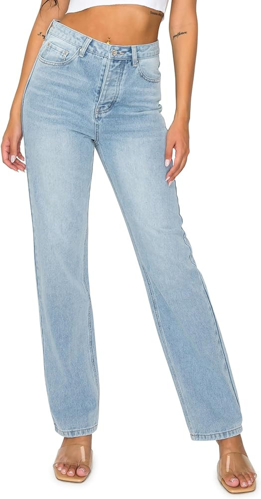 KHAKI & BLUE Women’s Denim Jeans – High Waisted Straight Leg Pants with Button Down Closure | Amazon (US)