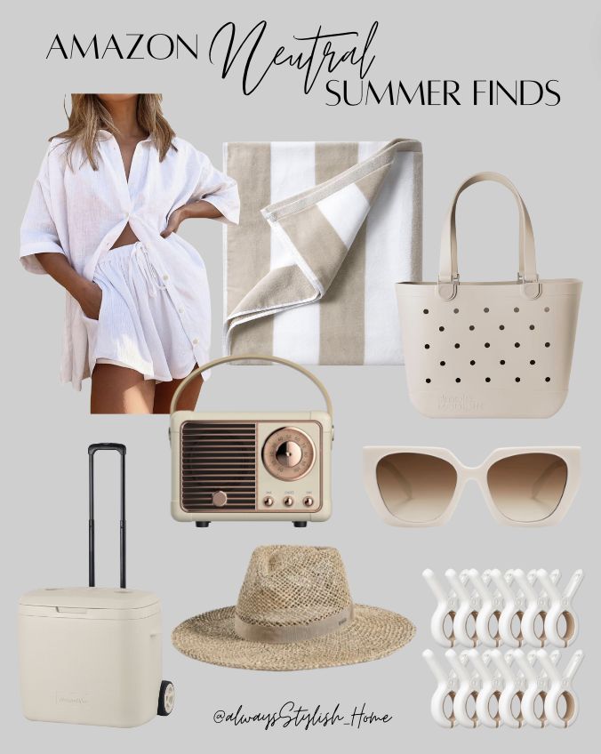 Neutral summer finds! beige white cabana towel, beach cooler, umbrella, tote bag, beach bag, pool... | Amazon (US)