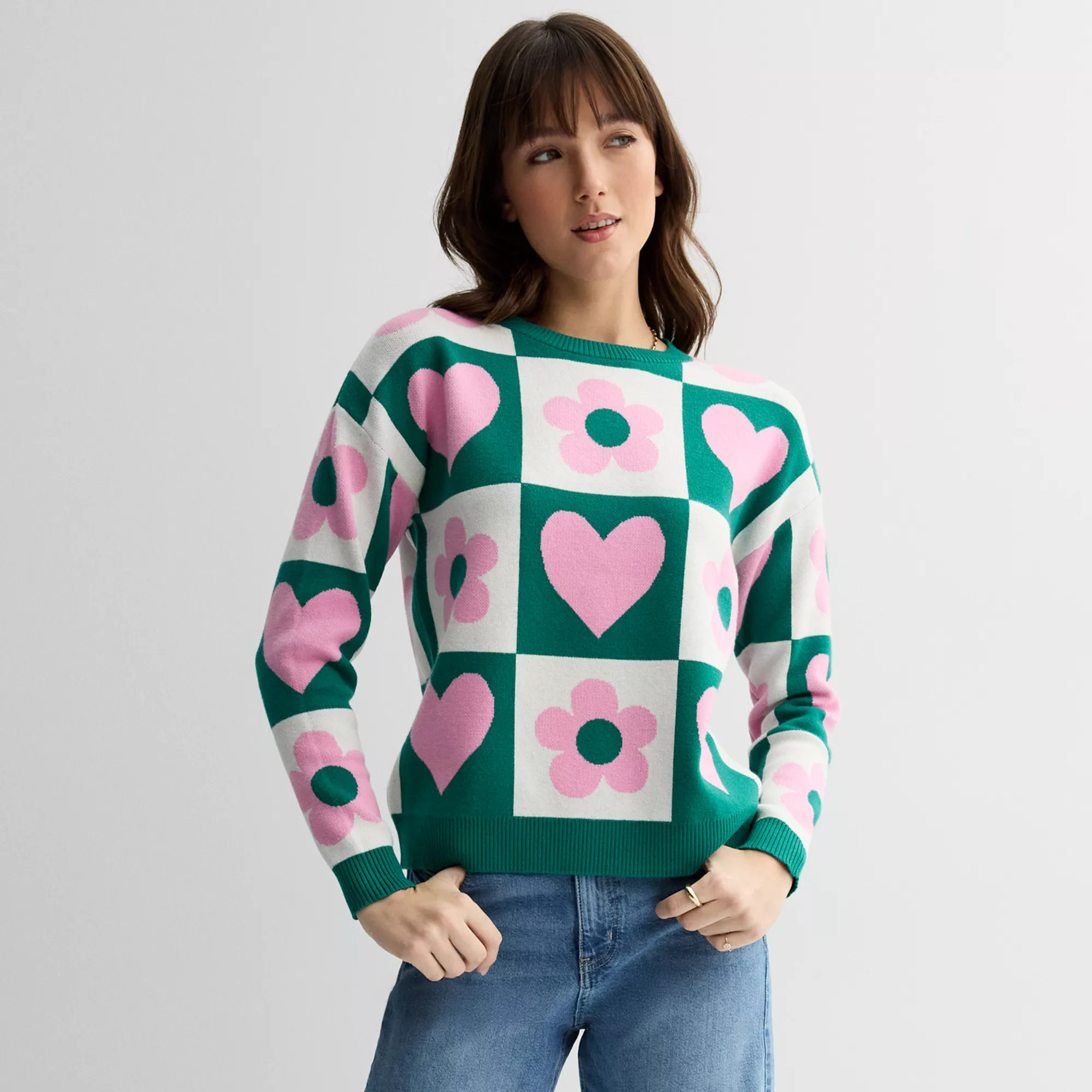 Juniors' FOREVER & EVER Long Sleeve Hearts & Flowers Checkerboard Pullover | Kohl's