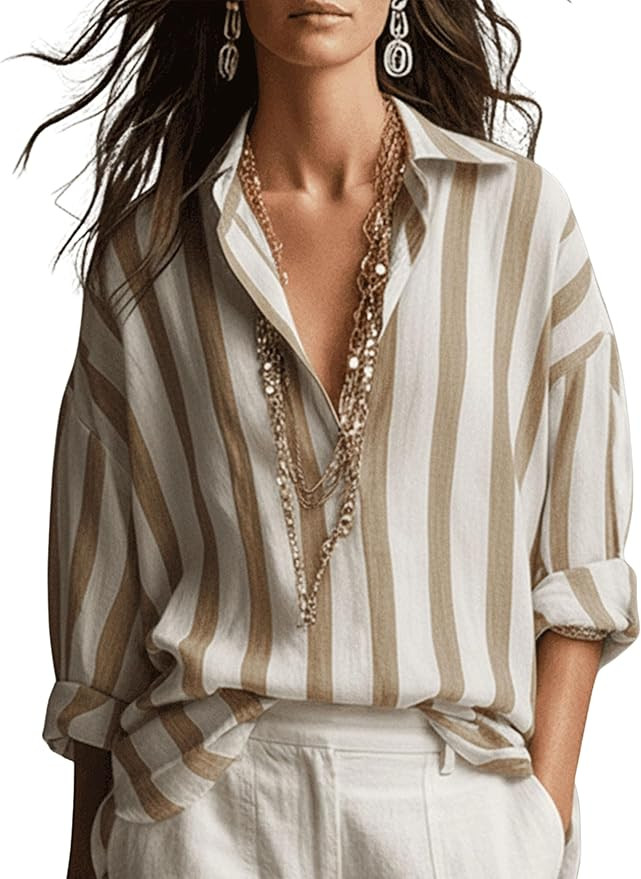 Watashi Women Striped Button Down Henley Shirt Oversized Long Sleeve Collared Blouse Work Office ... | Amazon (US)