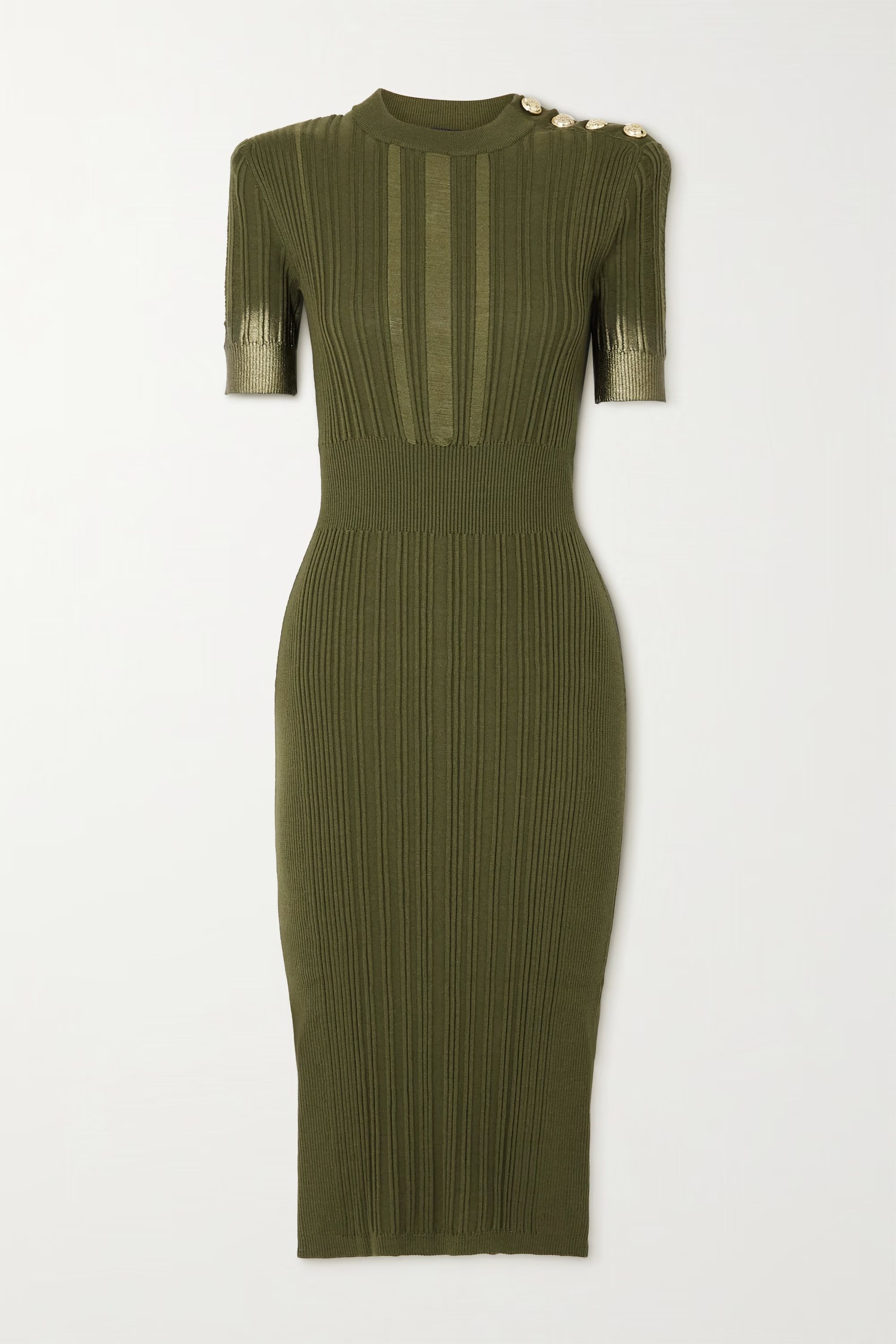 Army green Button-embellished metallic ribbed silk, wool and cashmere-blend midi dress | BALMAIN ... | NET-A-PORTER (US)