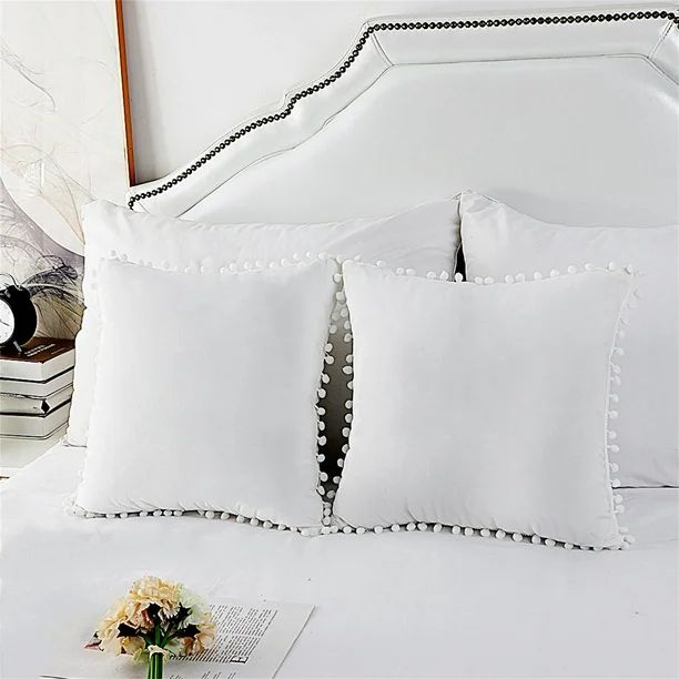 Velvet Throw Pillow Cover w pompms Sofa Cushion Cover 2-pack 16x16in, White | Walmart (US)