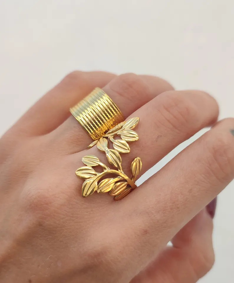 Gold Wide Cuff Ring, Ring With Olive Leaves, Adjustable Ring, Delicate Ring, Stacking Rings, Chun... | Etsy (US)