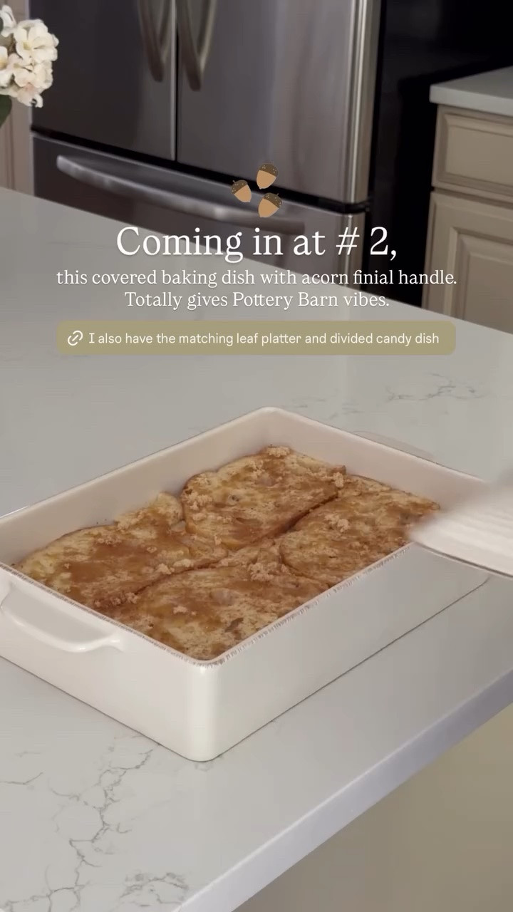 Coming in at # 2, this covered baking dish with acorn finial handle. Totally gives Pottery Barn vibes.