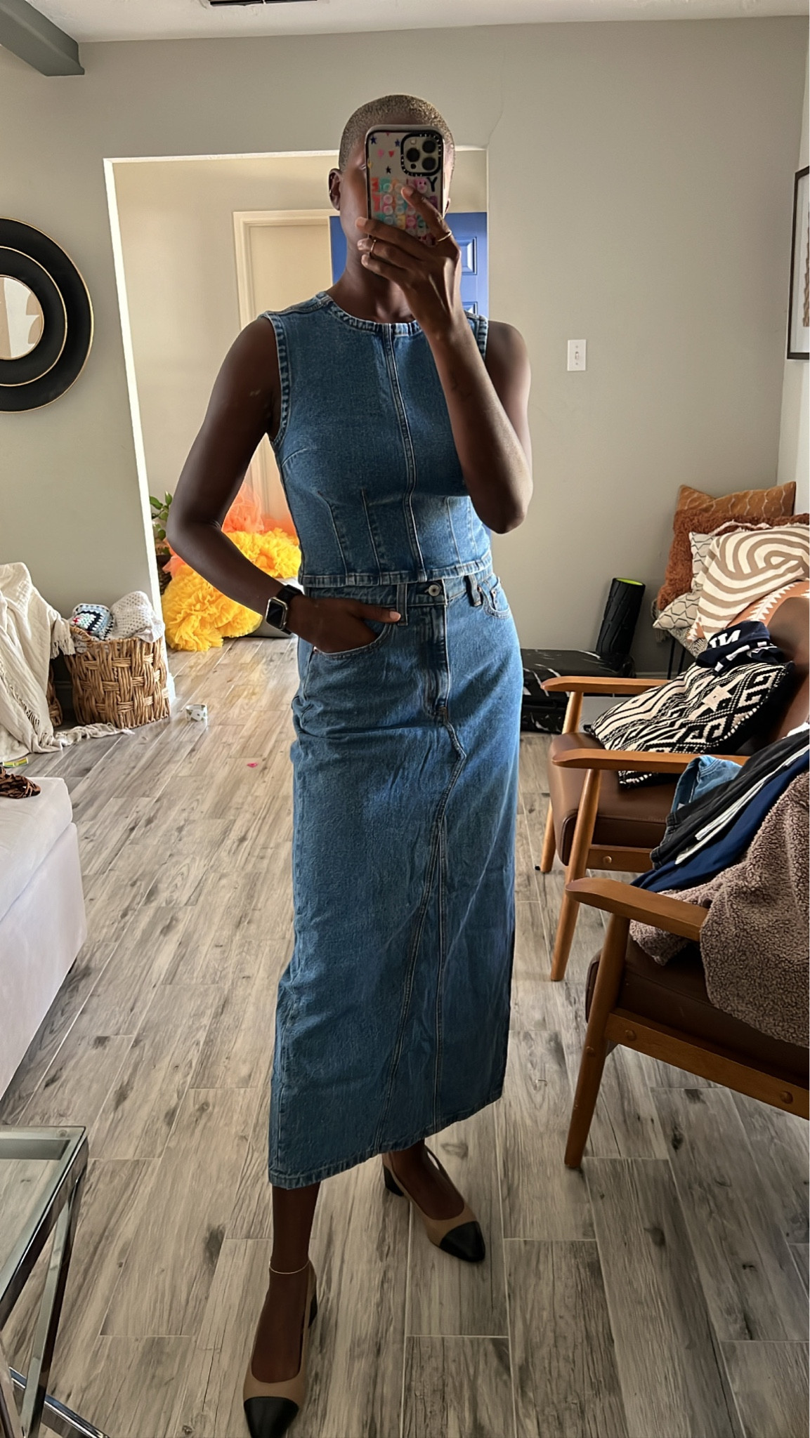 shell denim midi dress Light Wash Sleeveless Midi Dress with Buckle Detail S