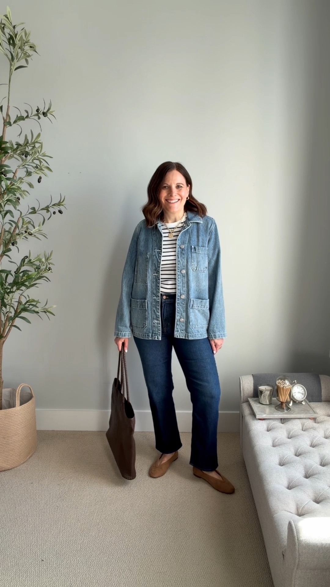 Spring jeans capsule wardrobe outfit fit notes: These mid-rise straight jeans from J.Crew Factory fit TTS, size up to a medium in this striped long-sleeve tee, wearing a medium in this denim utility jacket. Go down a half size in these suede flats. 

 #LTKOver40 #LTKSaleAlert #LTKMidsize