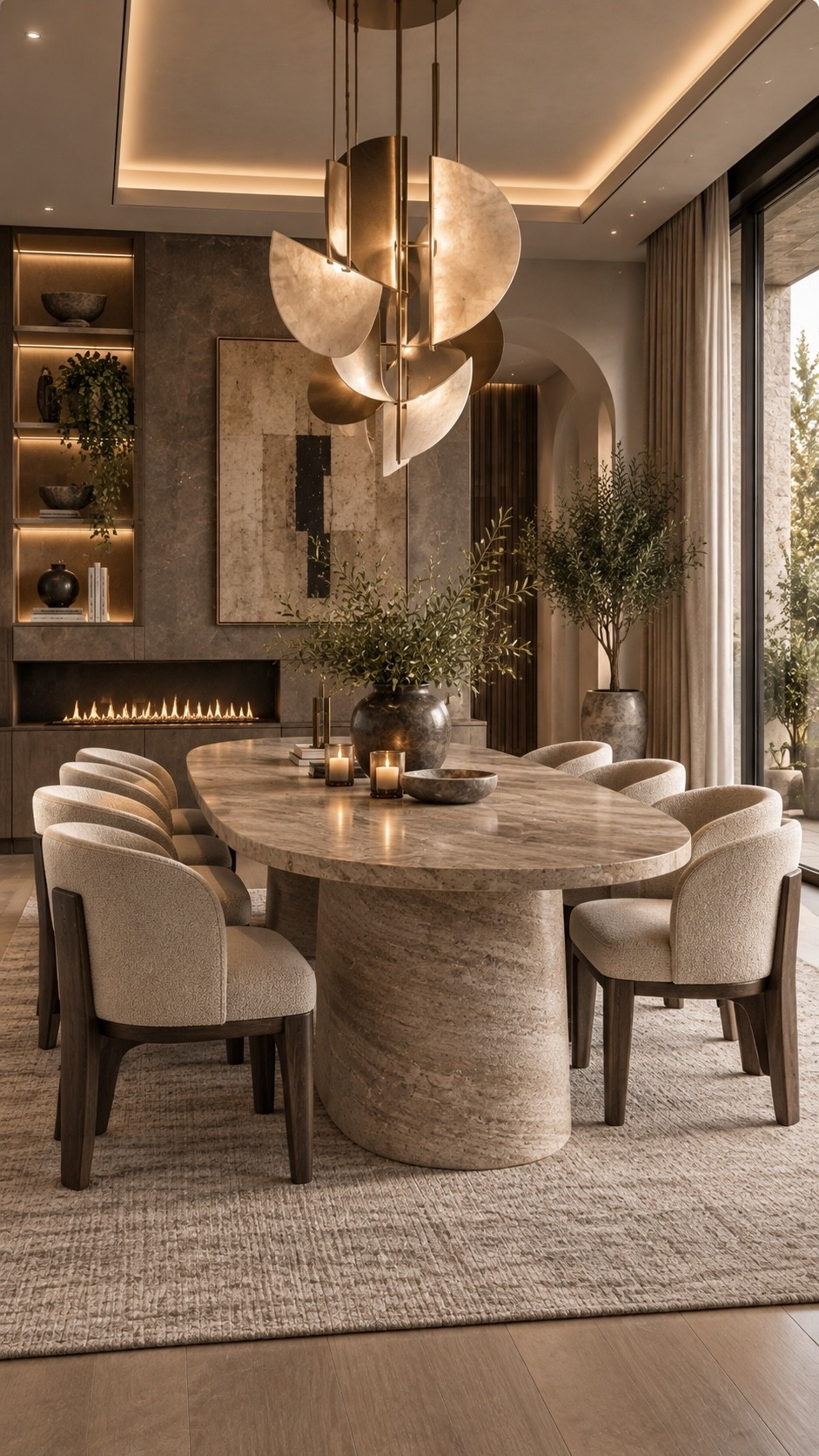 Shop This Room — link below. Recreate this warm modern dining room with a sculptural stone dining table, soft cream upholstered chairs, dramatic layered pendant lighting and rich neutral textures. Warm wood details, ambient shelf lighting, organic greenery and elegant tabletop styling create a sophisticated designer space with an elevated quiet-luxury feel.

#DiningRoomInspo #LuxuryDiningRoom #ModernDiningRoom #DiningRoomDecor #QuietLuxury #WarmModern #OrganicModern #NeutralHome #LuxuryInteriors #InteriorDesign #HomeDecor #DiningRoomIdeas #LuxuryHome #ModernHome #DesignerHome #NeutralDecor #WarmMinimalism #InteriorInspo #HomeInspiration #LTKHome #LTKFinds #HomeFinds #LuxuryDecor #DiningRoomDesign