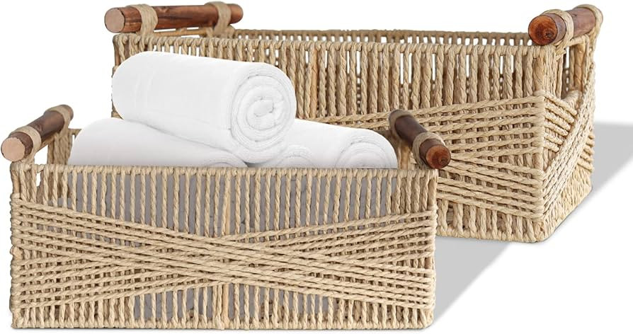 DUOER Round Paper Rope Storage Basket Wicker Baskets for Organizing with Handle Decorative Storag... | Amazon (US)