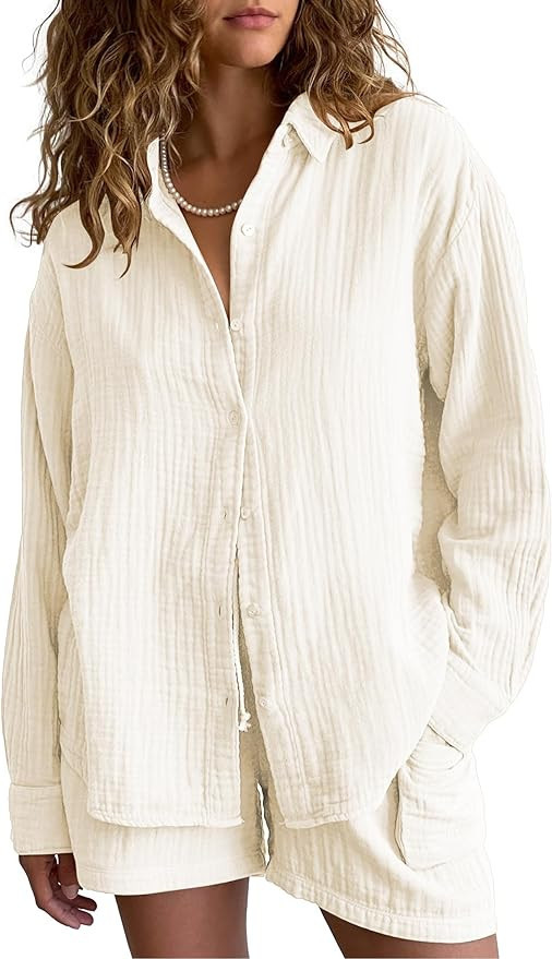 Famulily Womens Casual 2 Piece Lounge Set Button Down Shirts and Drawstring Shorts with Pocket Ma... | Amazon (US)