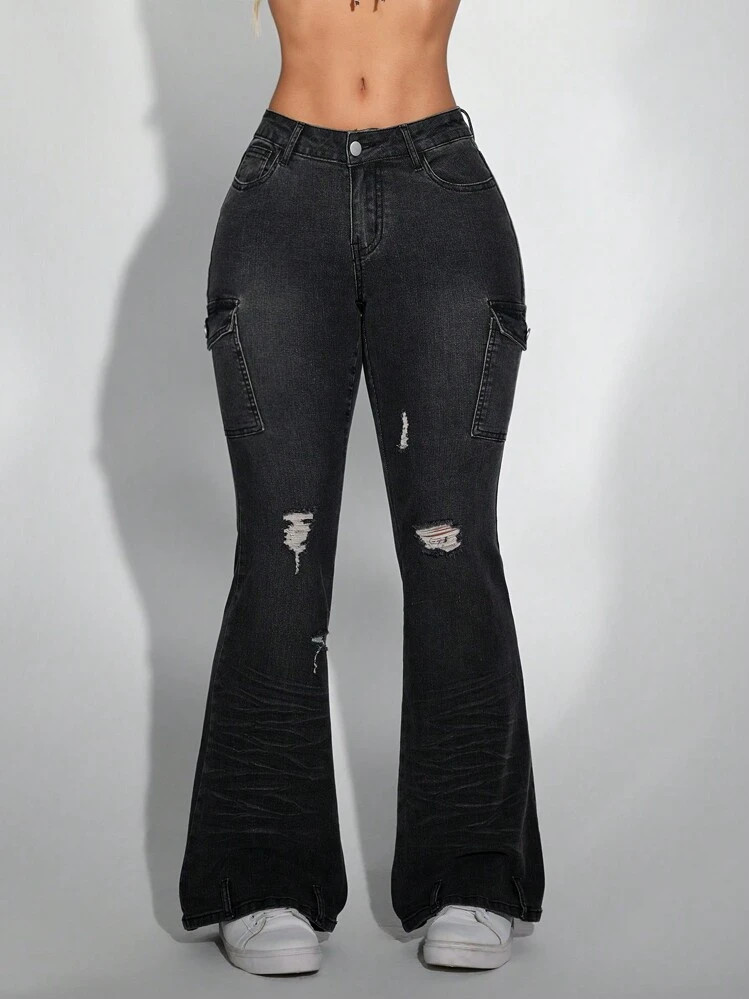 SHEIN SXY Women's Distressed Cargo Pocket Flared Casual Jeans | SHEIN