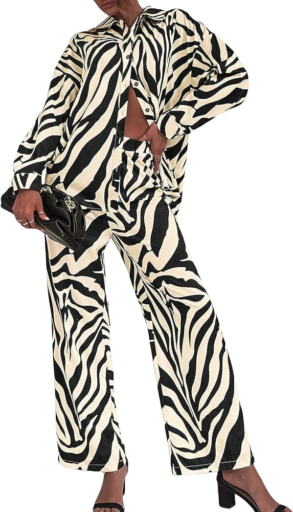 Floerns Women's 2 Piece Outfits Slit Hem Longline Blouse and Wide Leg Pants Set | Amazon (US)