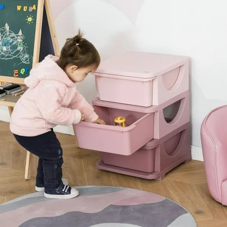 Qaba 3 Tier Kids Storage Unit Dresser Tower with Drawers Chest Toy Organizer for Bedroom Nursery Kindergarten Living Room for Boys Girls, Pink | Walmart (US)