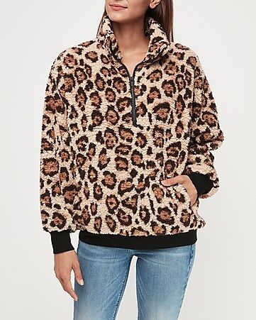 cozy leopard print sherpa quarter zip sweatshirt | Express