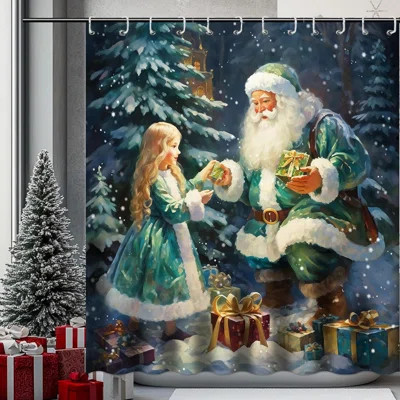 Christmas Shower Curtain For Girls Cute Little Girls Santa Claus Shower Curtain With 12 Hooks Green Xmas Trees Snowflake Winter Christmas Bath Decor F | Wayfair Professional