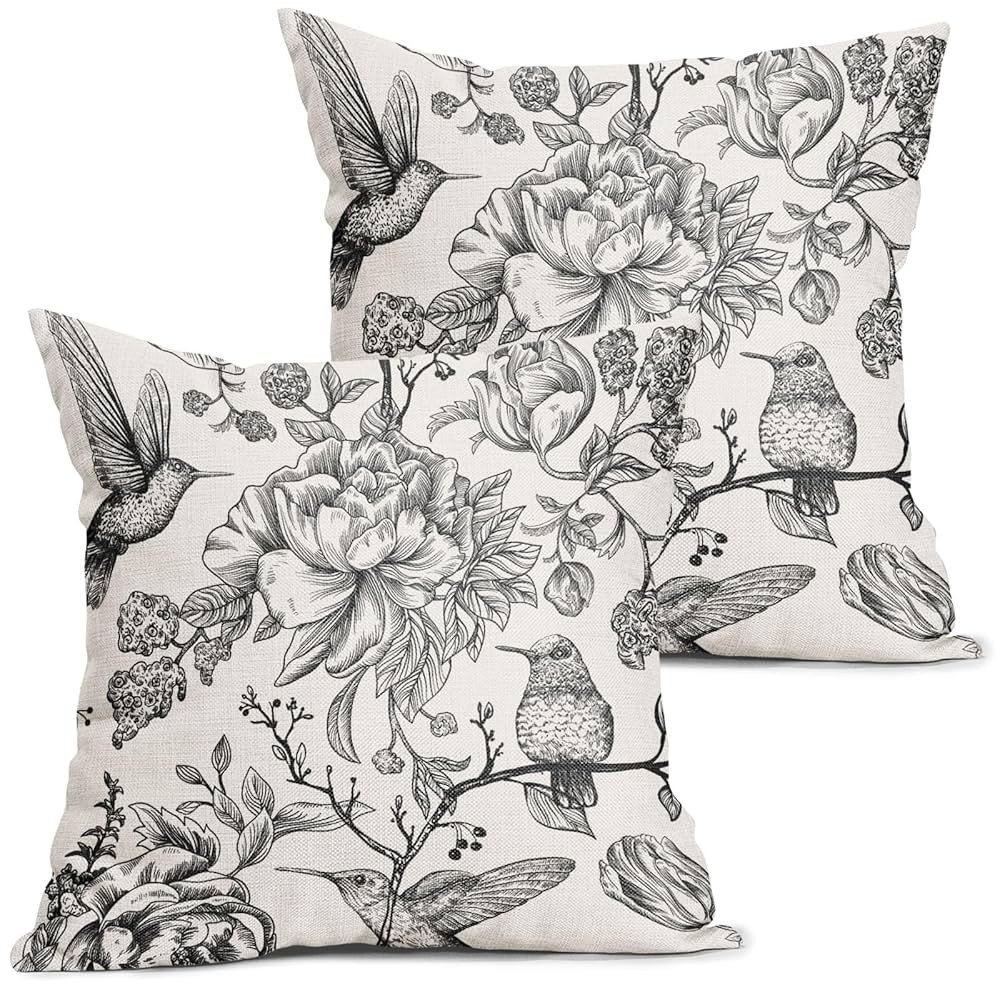 Chinoiserie Black White Floral Pillow Covers 18X18 Inch French Country Vintage Flowers Bird Decor... | Amazon (US)