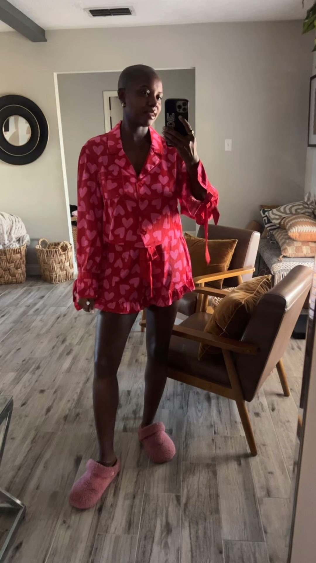 Heart pj set with ruffle shorts and pink croc slippers for Valentine’s Day at home  