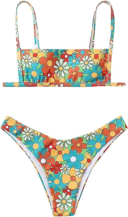 SOLY HUX Women's Floral Print Square Neck High Cut Bikini Bathing Suit 2 Piece Swimsuits Multicol... | Amazon (US)