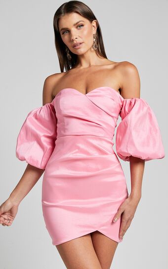 Olive Mini Dress - Sweetheart Off Shoulder Short Puff Sleeve in Pink | Showpo (ANZ)