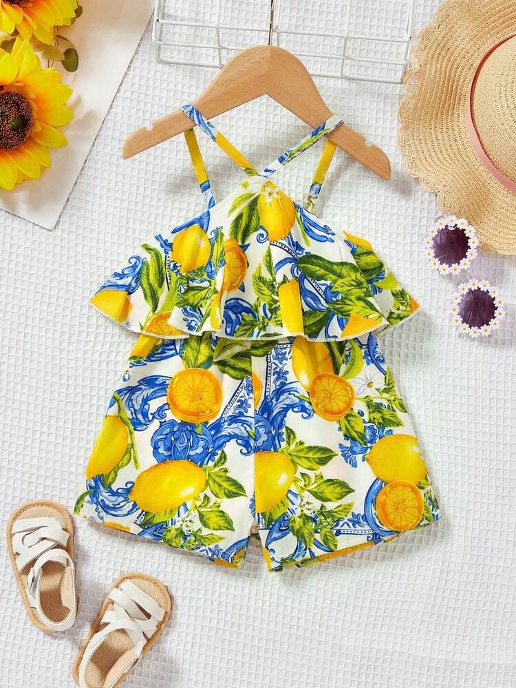 Travachic KIDS Babygirl Summer Vacation Casual Floral Pattern Ruffle Trim Halter Romper, Lightwei... | SHEIN