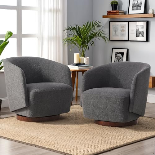 Zihanhome Boucle Swivel Accent Chairs Set of 2, No Assembly Upholstered Armchair with Rubberwood Base, 360° Rotating Living Room Chairs Set of 2 for Bedroom, Apartment & Reading Nook (2, Grey) | Amazon (US)
