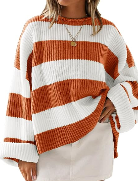 ZESICA Women's 2023 Fall Long Sleeve Crew Neck Striped Color Block Comfy Loose Oversized Knitted ... | Amazon (US)