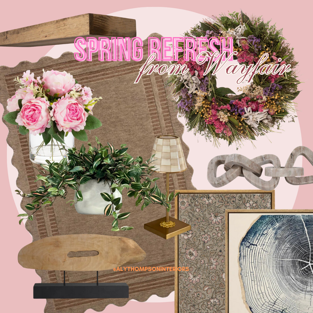 Spring Refresh | Home Decor | Spring Decor | Rechargeable Lamp | Faux Flowers | Faux Plants | Art | Framed Art | Spring Wreath | Scalloped Rug | Shelf Decor | Wood Floating Shelves 

 #LTKSeasonal #LTKHome #LTKFindsUnder100