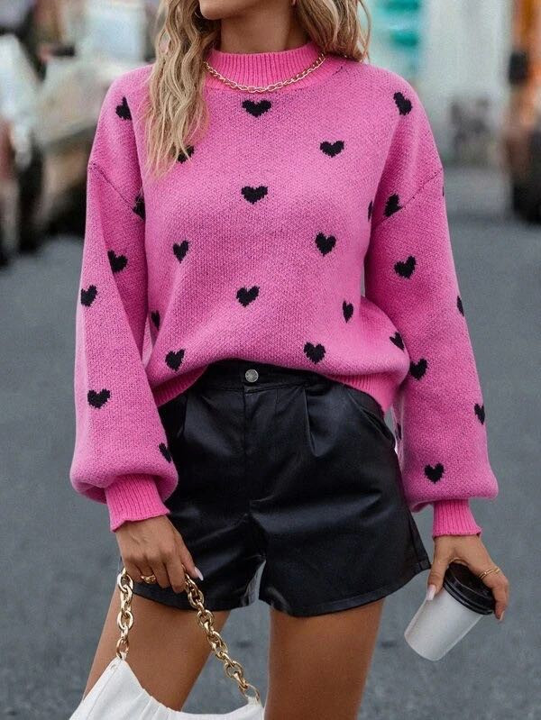 All over heart sweater HOT PINK / S | Casual Chic Boutique